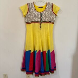 Yellow Colorblock Ethnic Dress XL Short Sleeve Button Front